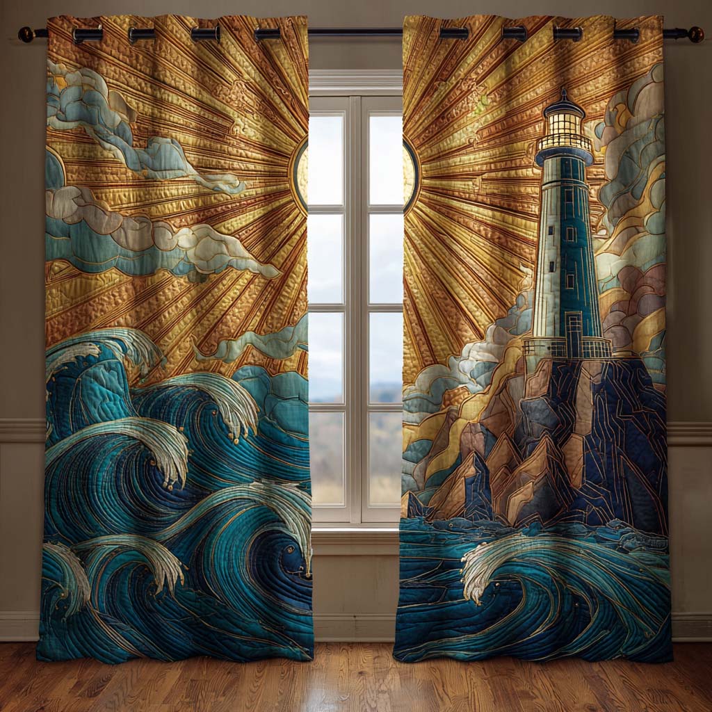 Lighthouse Waves quilted curtains – lighthouse above swirling waves