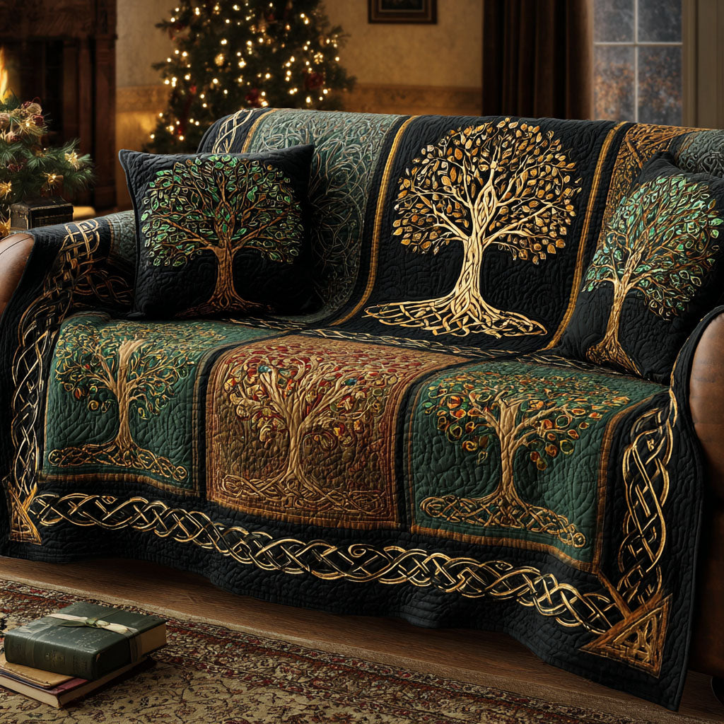 Golden Tree of Life quilted sofa cover – golden trees of life on deep green