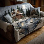 Moonlit Lake Cabin quilted sofa cover – snowy cabin by a moonlit lake