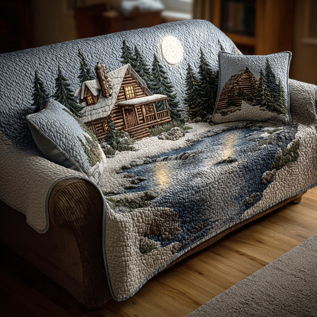 Moonlit Lake Cabin quilted sofa cover – snowy cabin by a moonlit lake