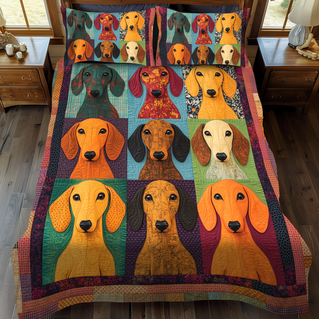 Quilted bedspread set with tan, chocolate and black and tan dachshunds trotting across a soft ground, the Dachshund design