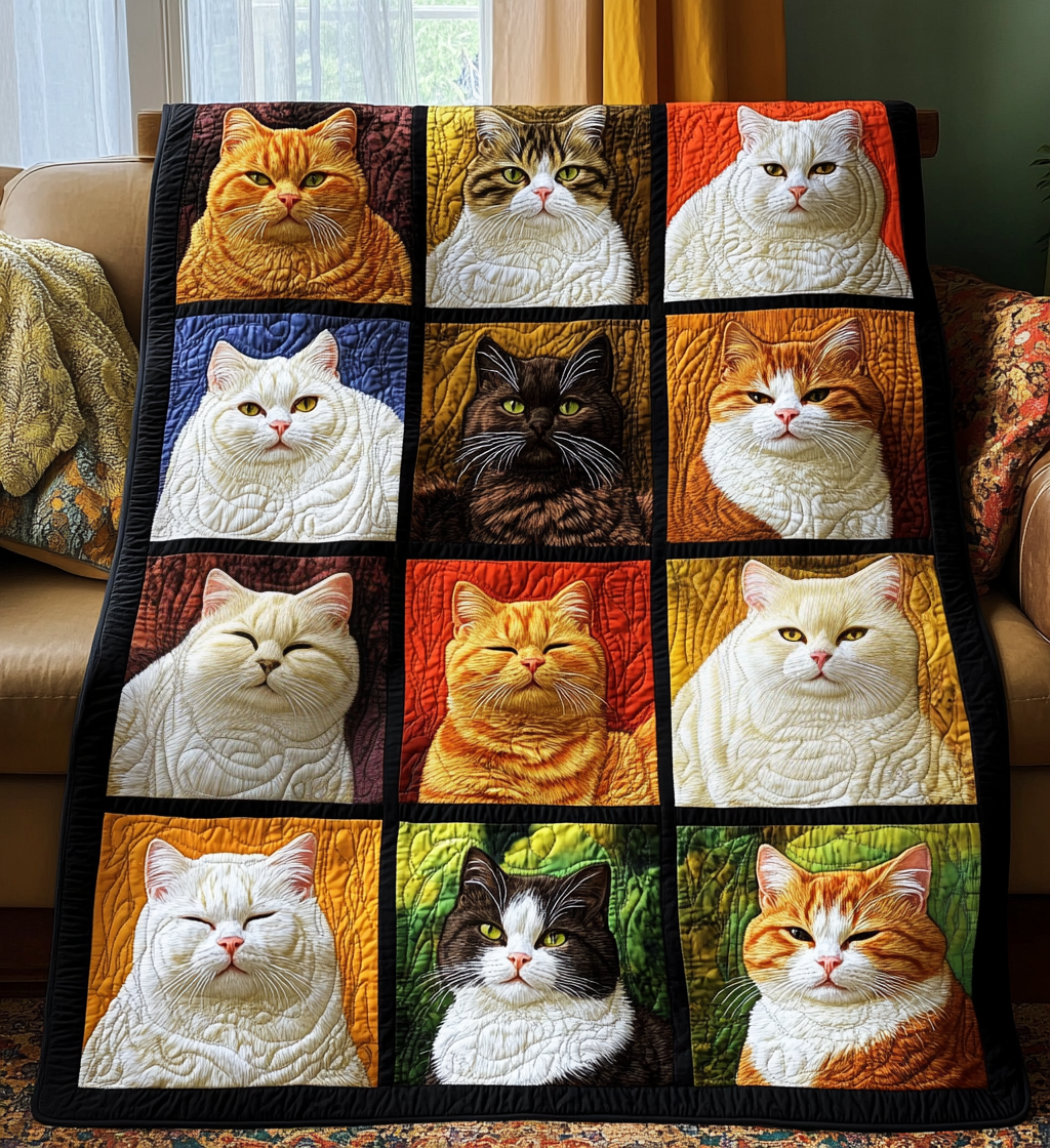 Cat Portraits quilted throw – cat faces in coloured squares