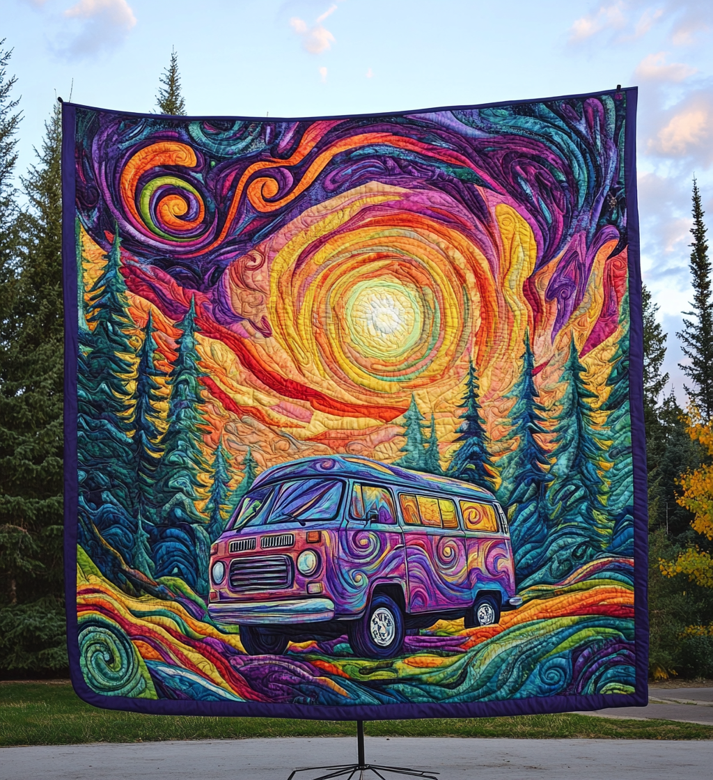 Camper Van Sunset quilted throw – camper van beneath a swirling sunset
