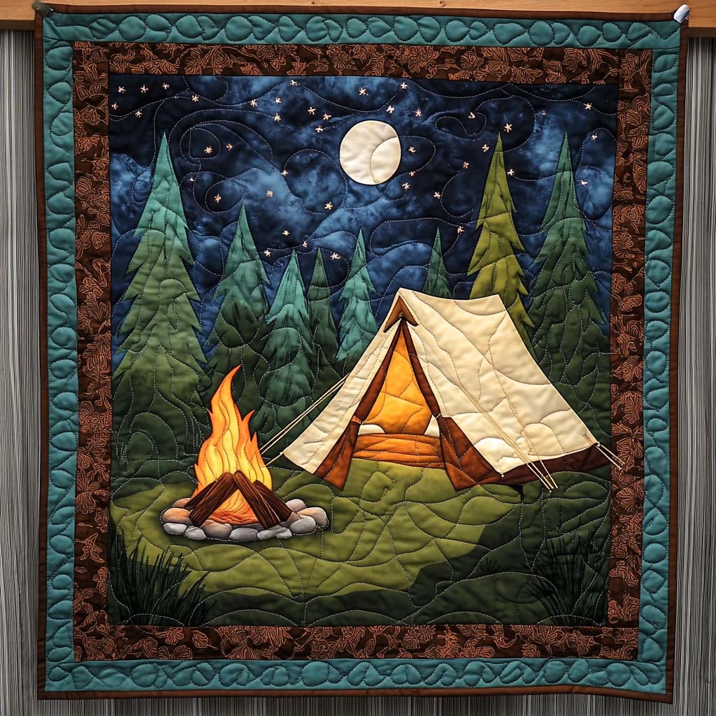Campfire Night quilted throw – tent and campfire under a full moon