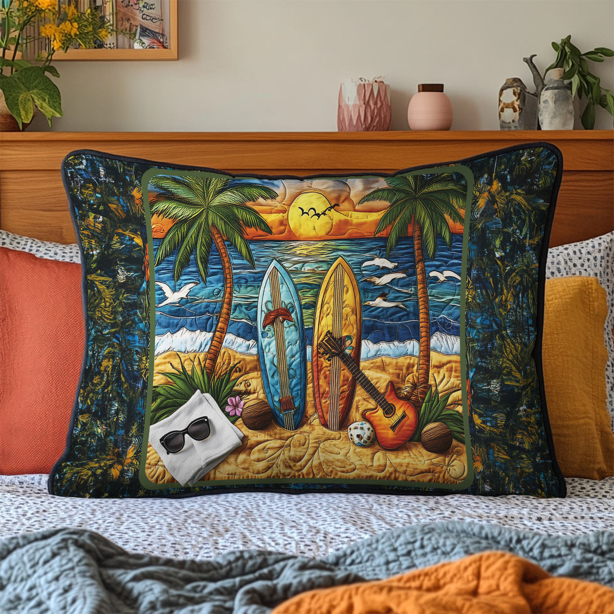 Surfboards and Palms quilted pillowcase – surfboards and palms on a sunny beach