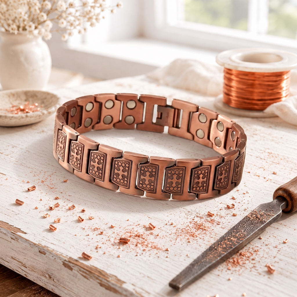 Men's magnetic copper link bracelet with raised dotted panels