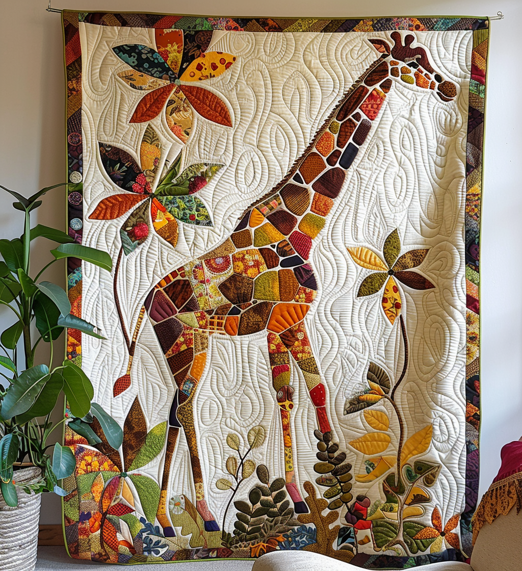 Patchwork Giraffe quilted throw – patchwork giraffe among leaves on cream