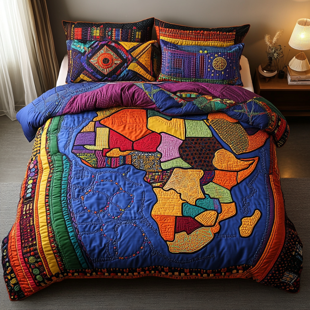 Rainbow Africa quilted bedspread set – colourful Africa map on blue with rainbow stripes
