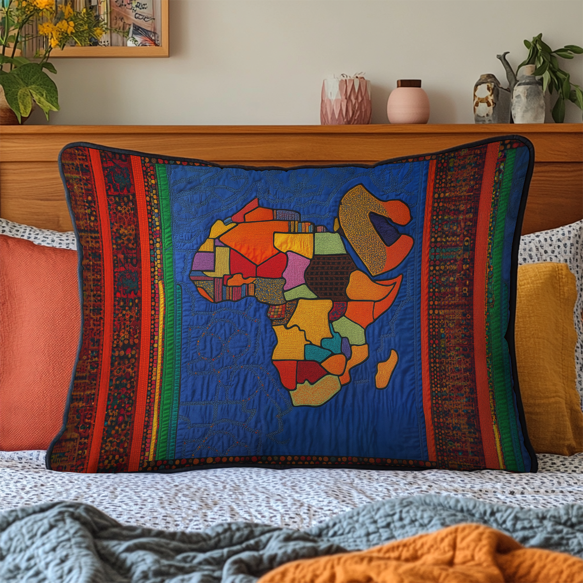 Patchwork Africa on Blue quilted pillowcase – colourful Africa map on deep blue