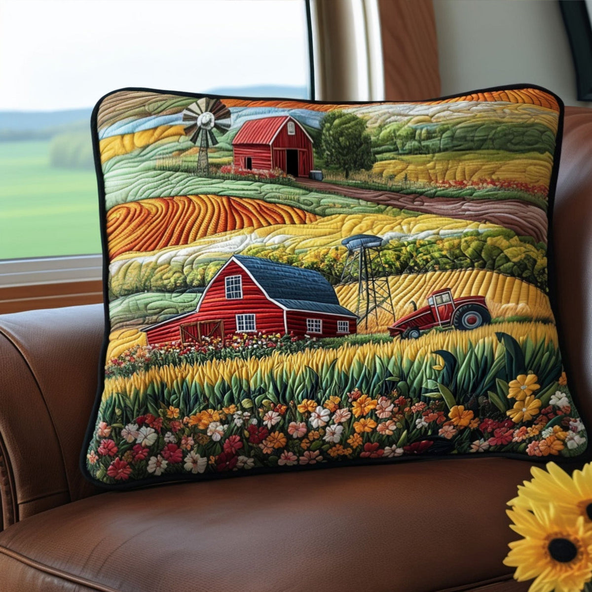 Farmland Patchwork quilted pillowcase – red barns among rolling patchwork fields