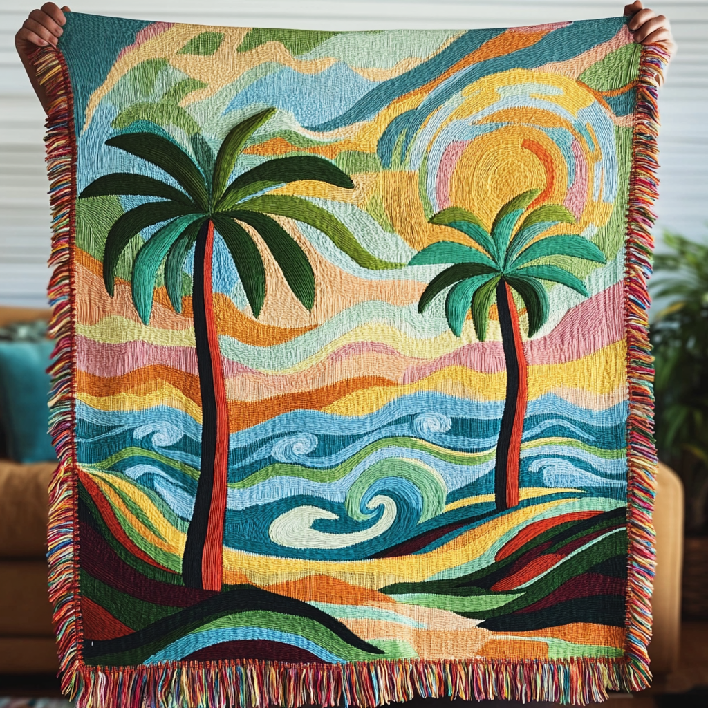 Palm Waves quilted throw – palm trees above rolling coloured waves