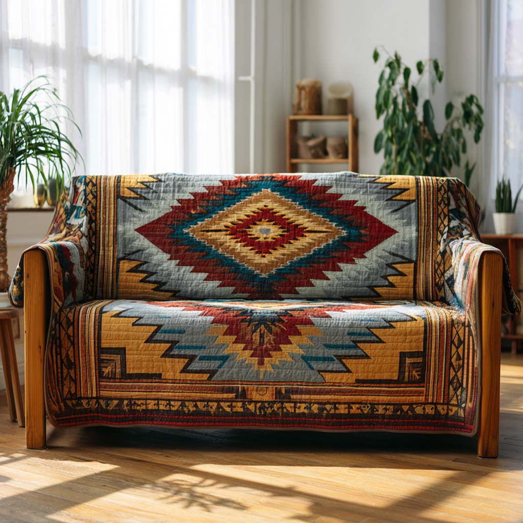 Sunset Kilim quilted sofa cover – red, navy and gold kilim diamonds
