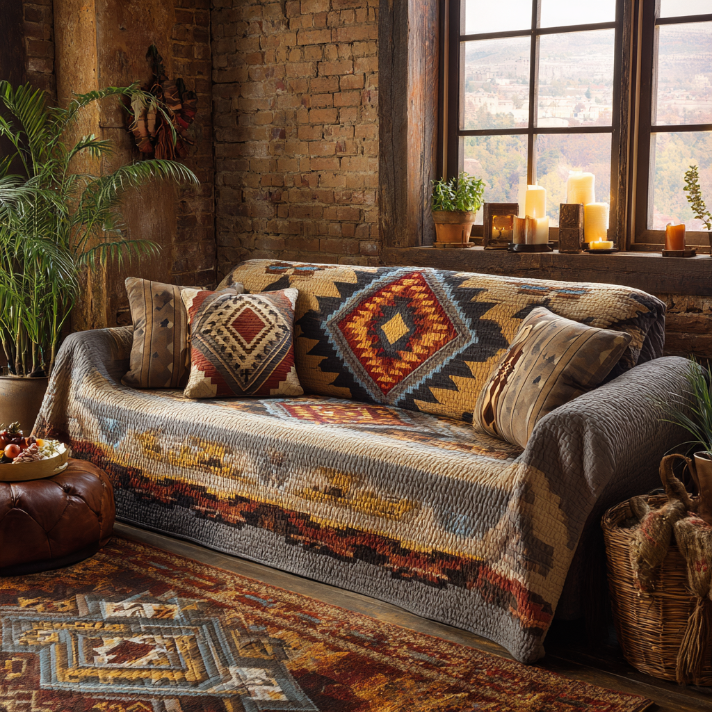 Rustic Diamond Weave quilted sofa cover – rust and cream diamond pattern