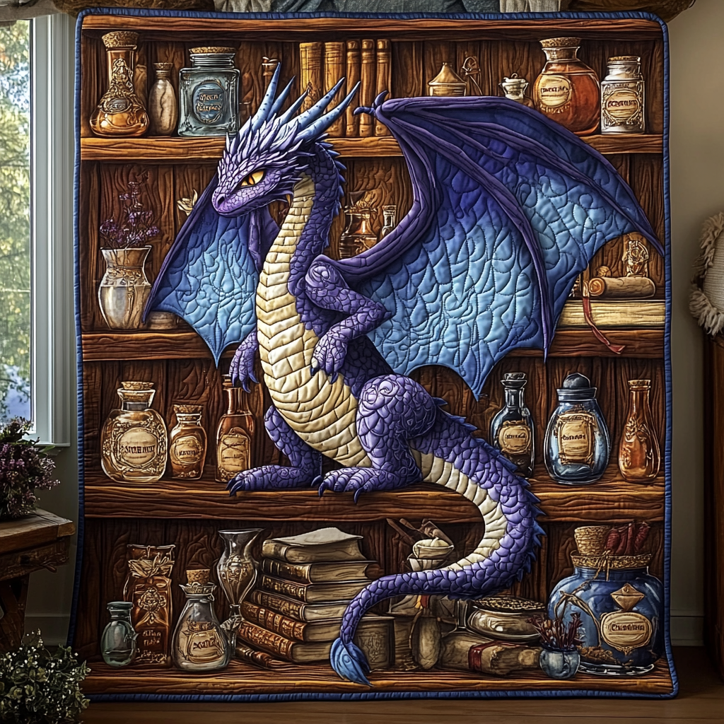 Apothecary Dragon quilted throw – purple dragon on shelves of potions and books