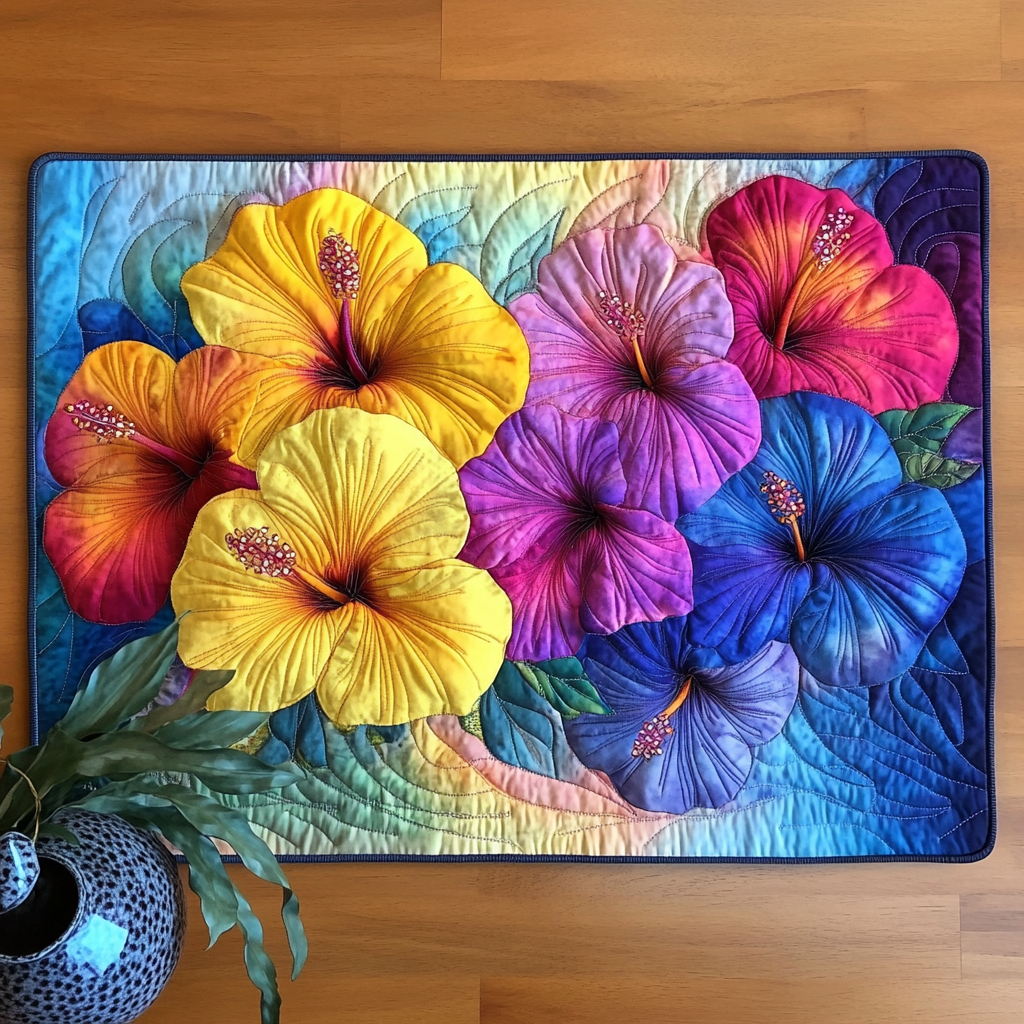 Rainbow Hibiscus quilted placemats – colourful hibiscus on blue
