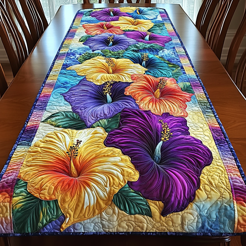 Hibiscus Splendour quilted table runner – purple and yellow hibiscus