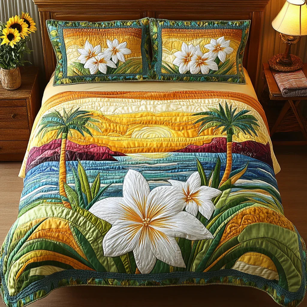 Quilted bedspread set with hibiscus flowers, monstera leaves and palm fronds in coral and turquoise, the Tropical Paradise design