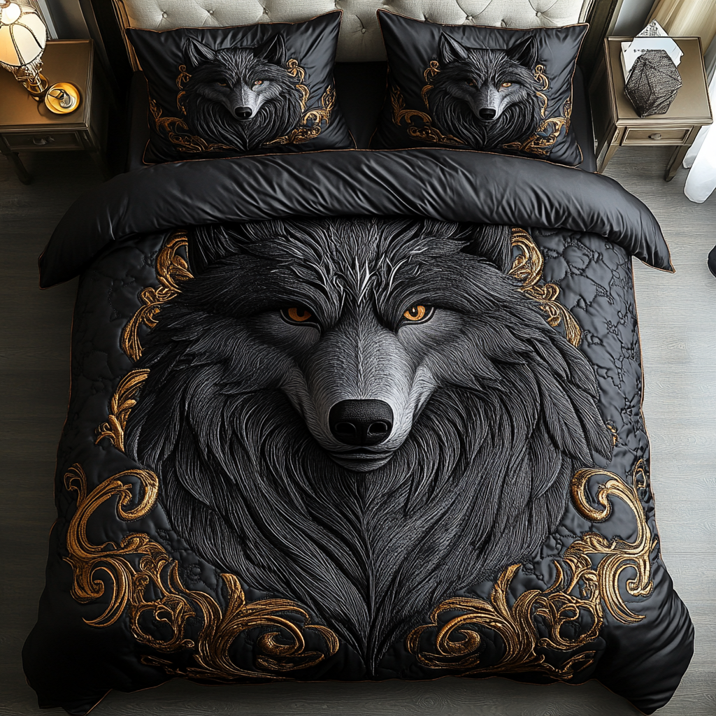 Black Wolf quilted bedspread set – black wolf portrait on charcoal with gold scrolls