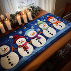 Snowman Line-Up quilted table runner – row of snowmen on navy