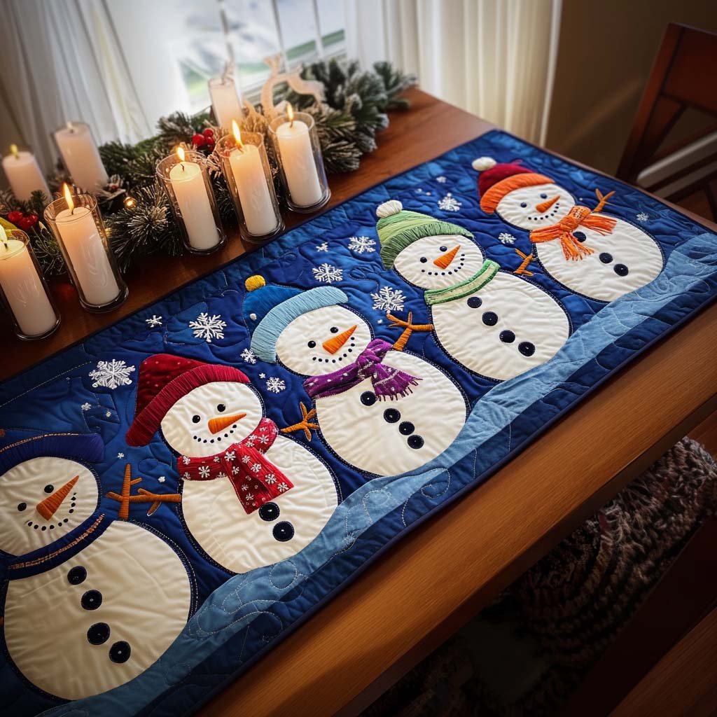 Snowman Line-Up quilted table runner – row of snowmen on navy