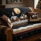 Moonlit Village quilted sofa cover – snowy cottages under a full moon