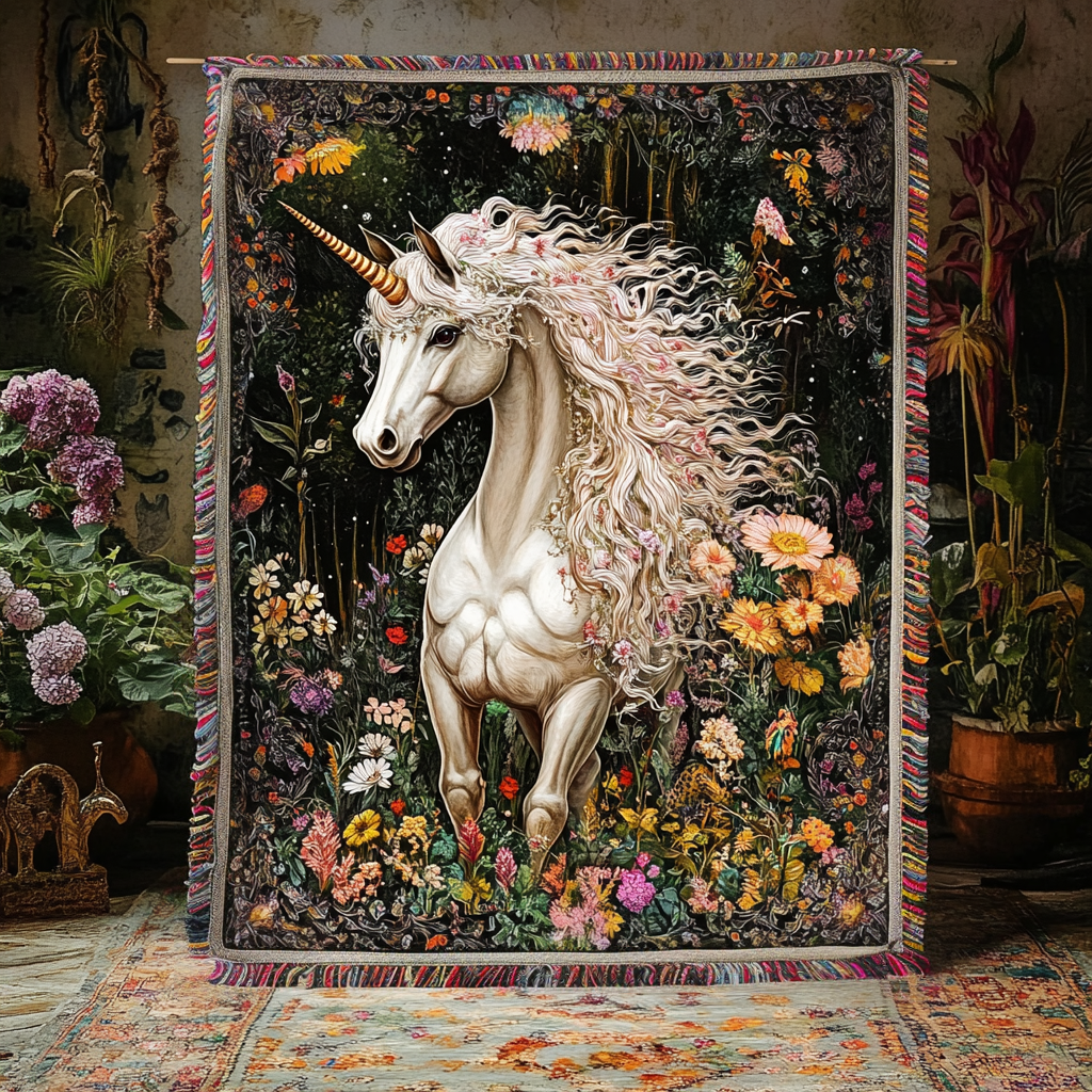 Ivory Unicorn quilted throw – ivory unicorn in a dark flower garden