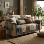 Slate Blue Patchwork quilted sofa cover – slate blue and grey patchwork squares