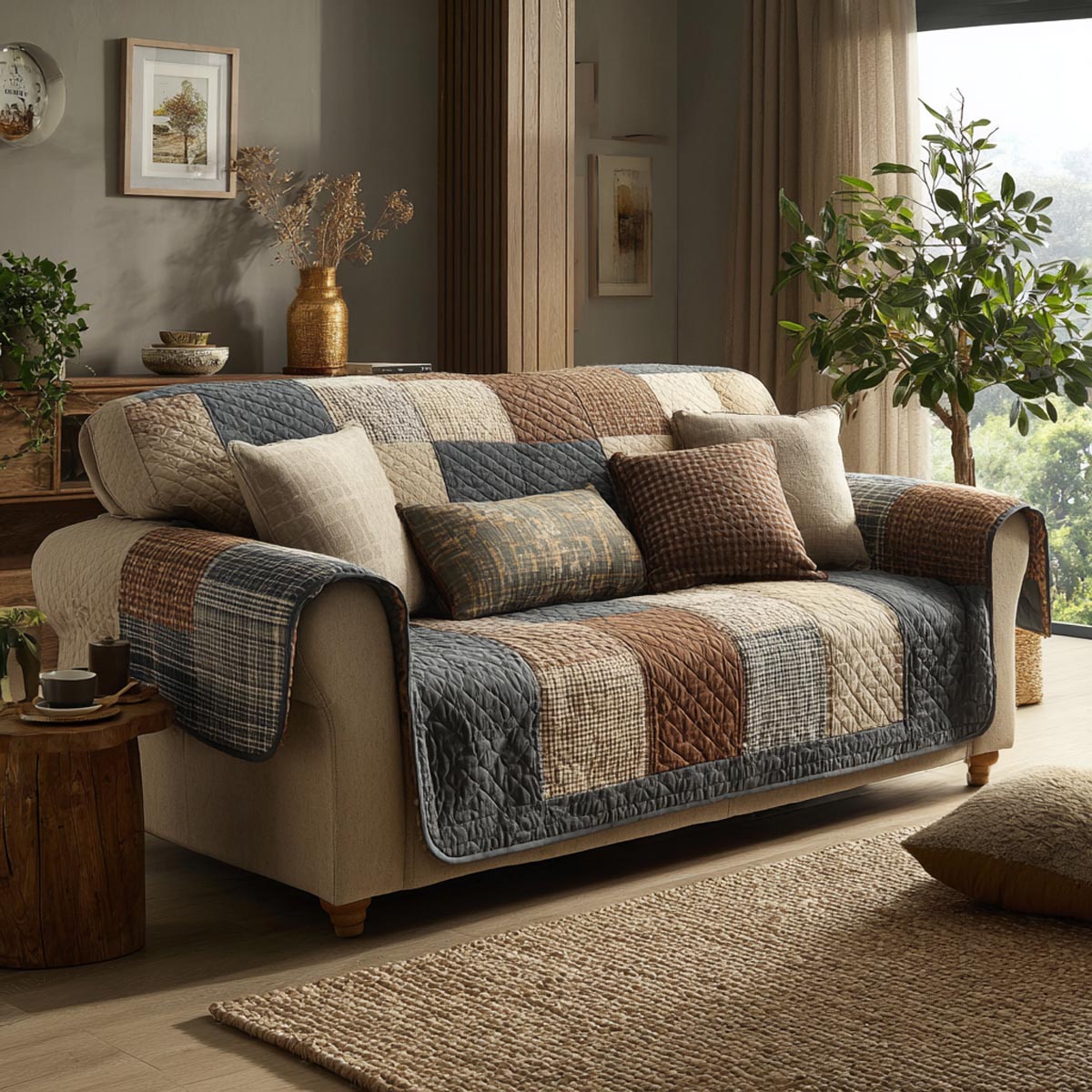 Slate Blue Patchwork quilted sofa cover – slate blue and grey patchwork squares