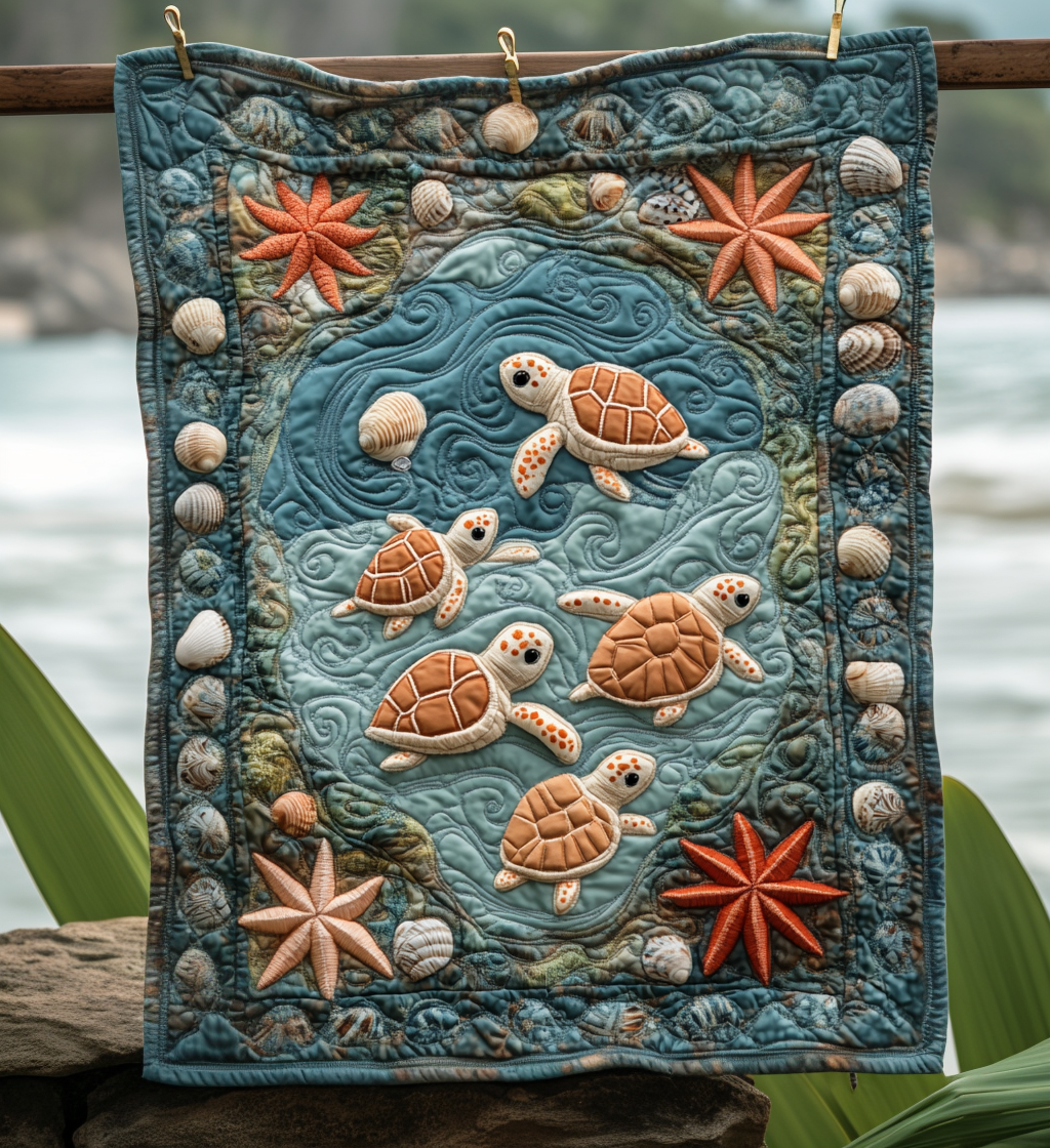 Turtle Lagoon art quilt – turtles and starfish