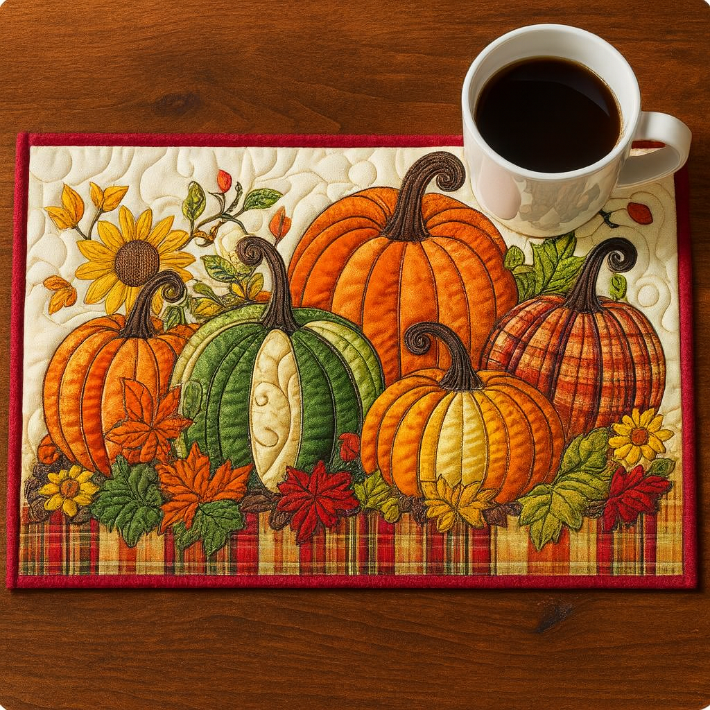 Pumpkin Plaid quilted placemats – pumpkins above red plaid