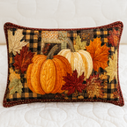 Pumpkins and Plaid quilted pillowcase – pumpkins and leaves with a plaid frame