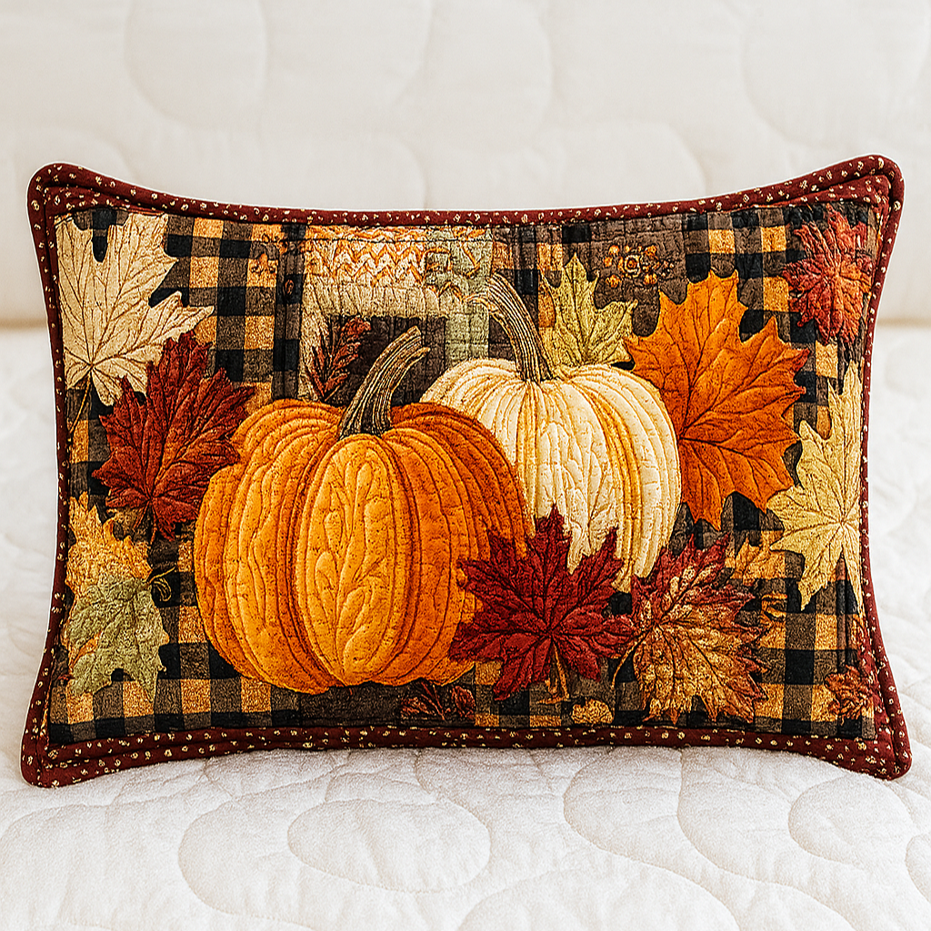 Pumpkins and Plaid quilted pillowcase – pumpkins and leaves with a plaid frame