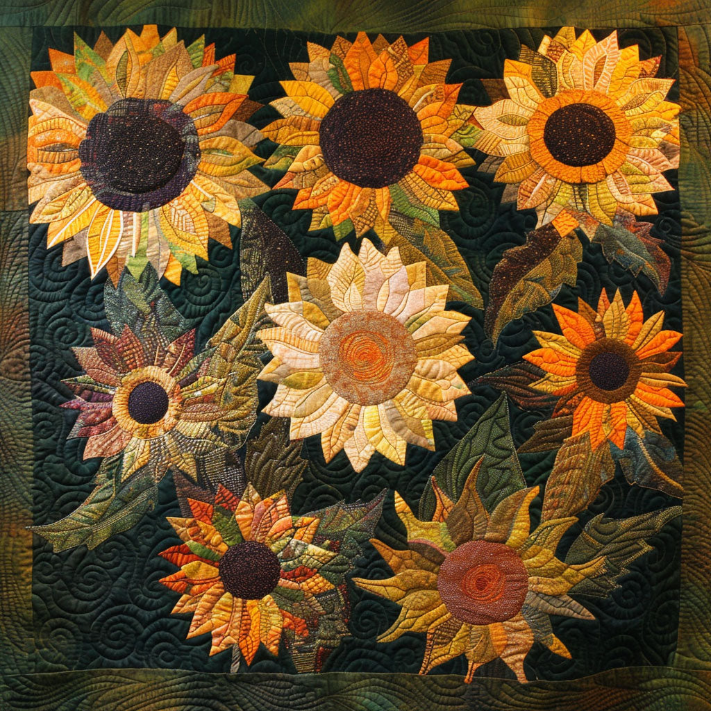Amber Sunflowers quilted throw – golden sunflowers on deep green