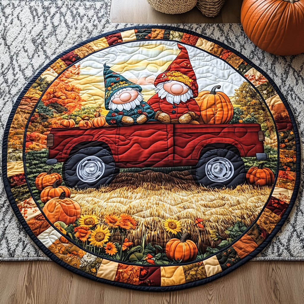 Harvest Truck Gnomes round quilted mat – gnomes in a red truck