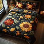 Sunflower Garden quilted bedspread set – sunflowers and red blooms on navy