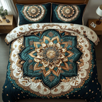 Teal Mandala quilted bedspread set – teal, gold and cream mandala