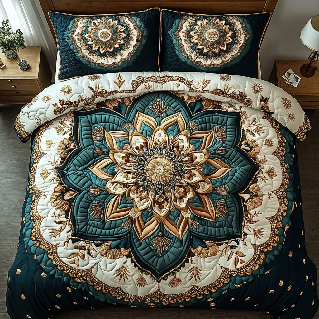 Teal Mandala quilted bedspread set – teal, gold and cream mandala