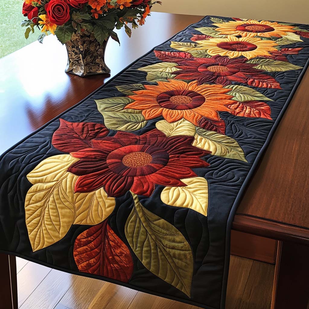 Midnight Sunflowers quilted table runner – sunflowers and red blooms on black