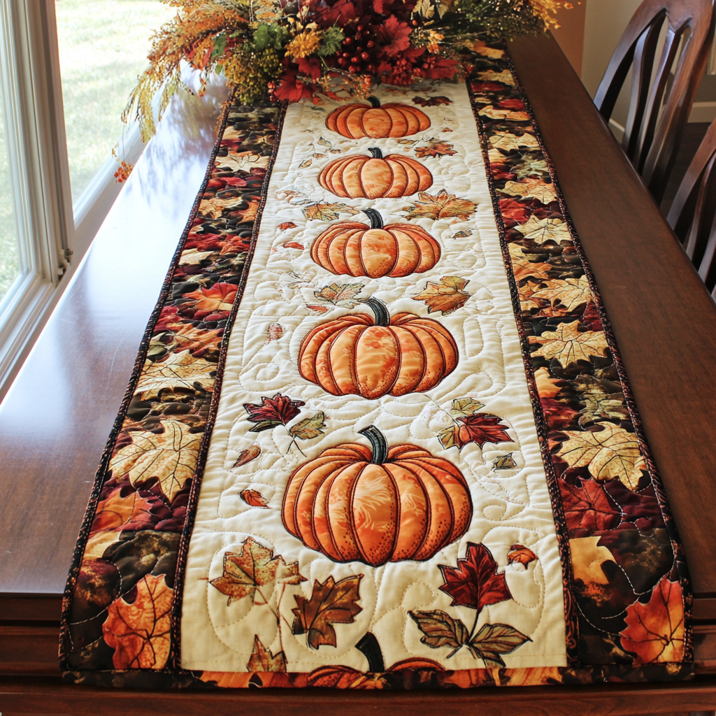 Pumpkin Row quilted table runner – row of pumpkins on cream