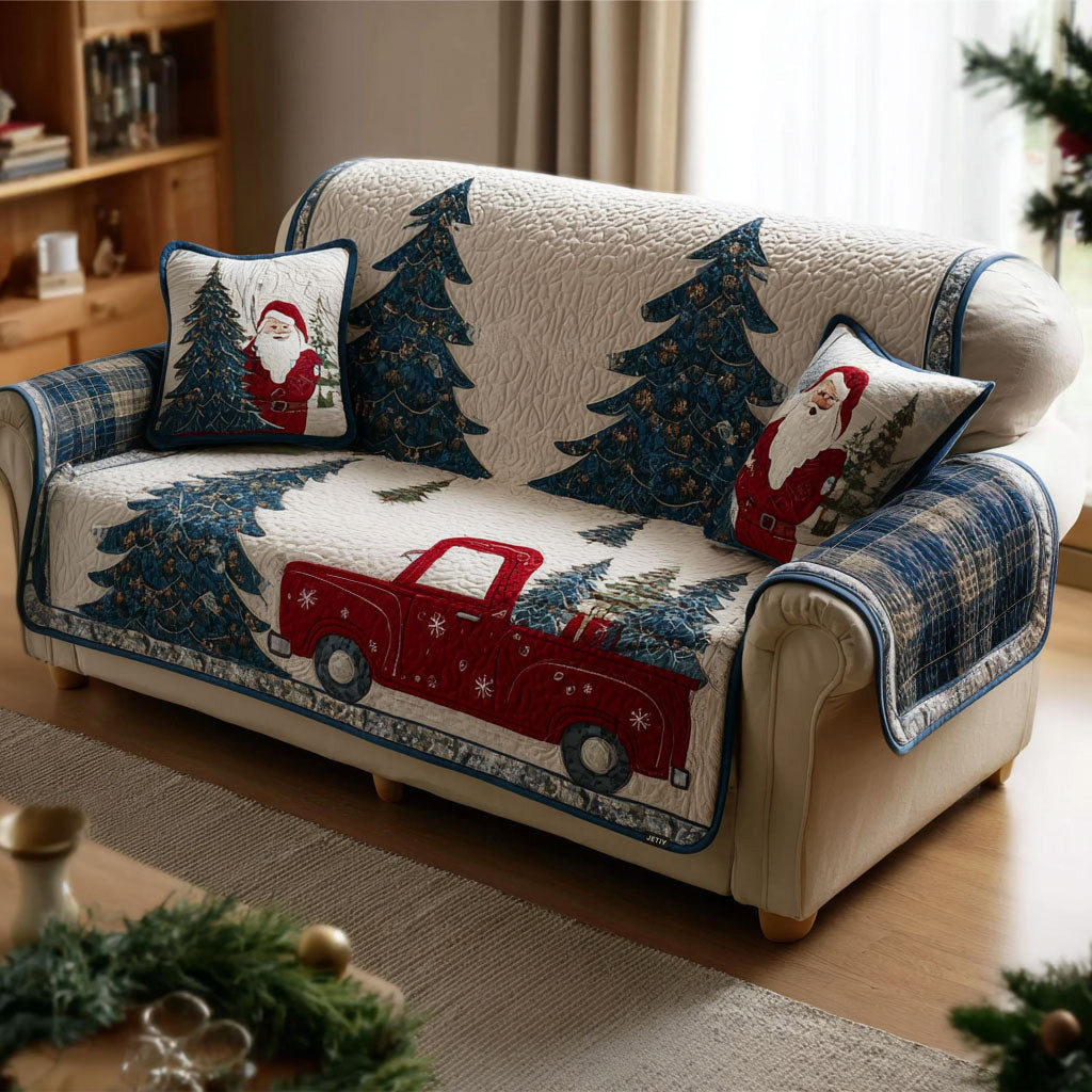 Red Truck Christmas quilted sofa cover – red truck among Christmas pines