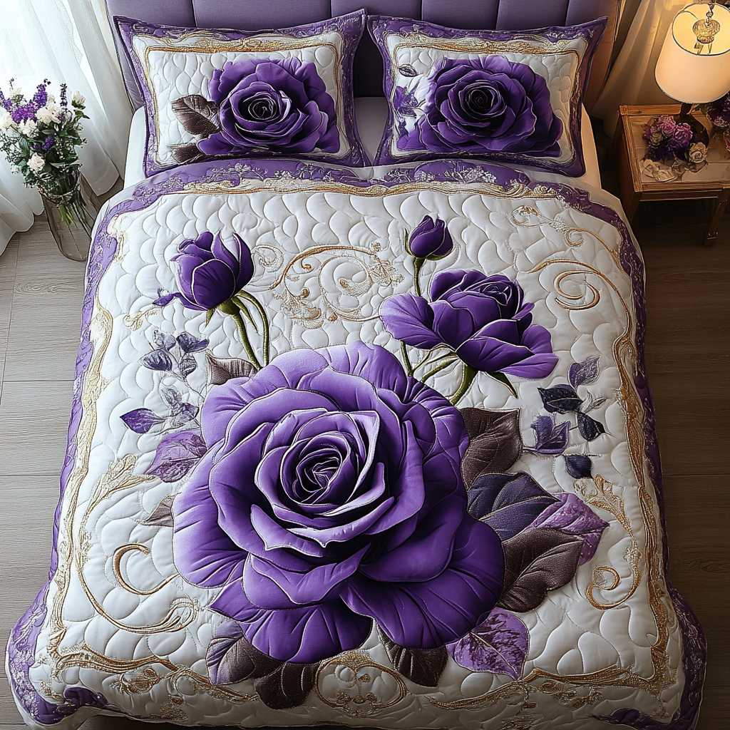 Purple Rose quilted bedspread set – large purple roses on cream