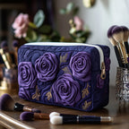 Amethyst Blossom quilted make-up bag with large sculpted purple roses on deep violet quilting