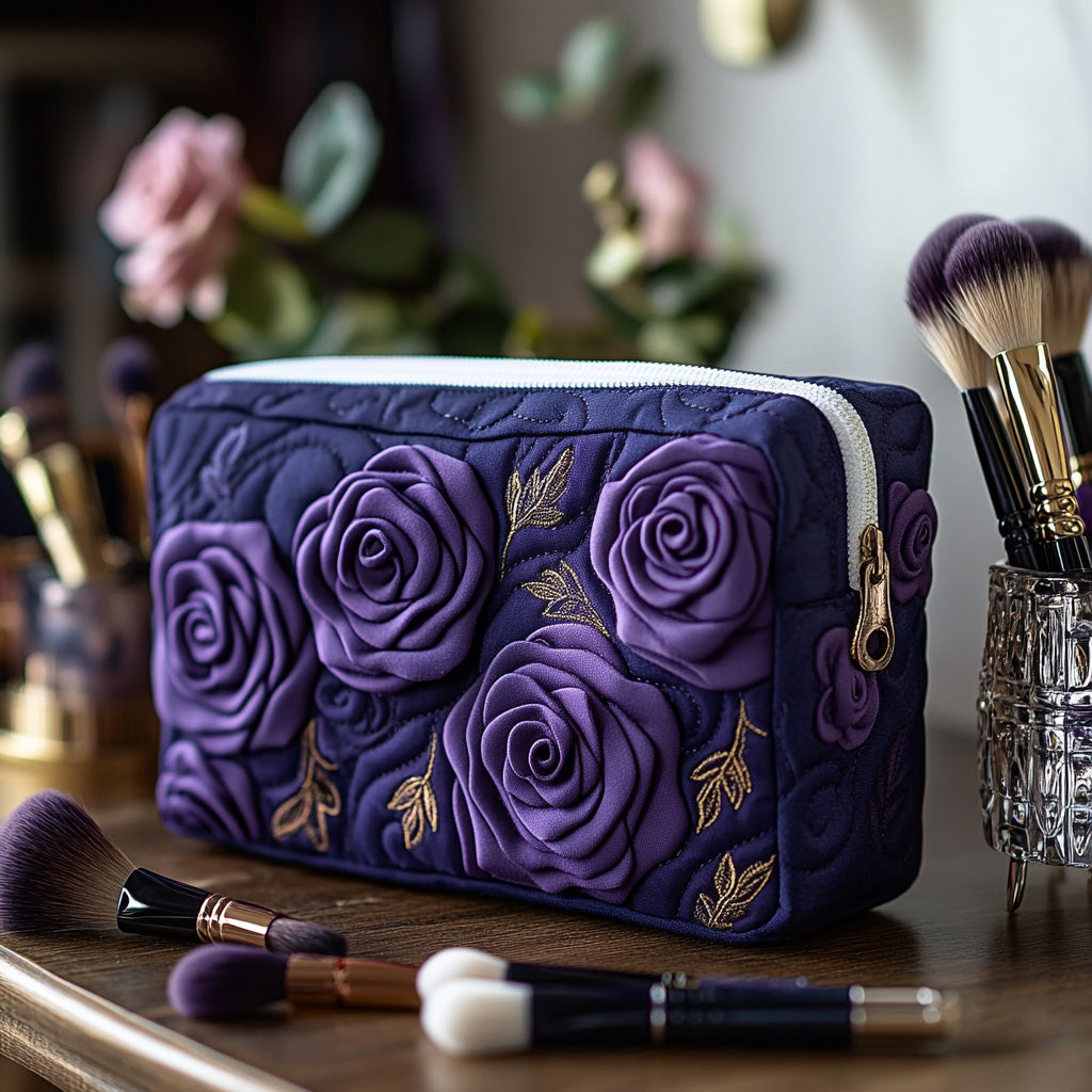 Amethyst Blossom quilted make-up bag with large sculpted purple roses on deep violet quilting