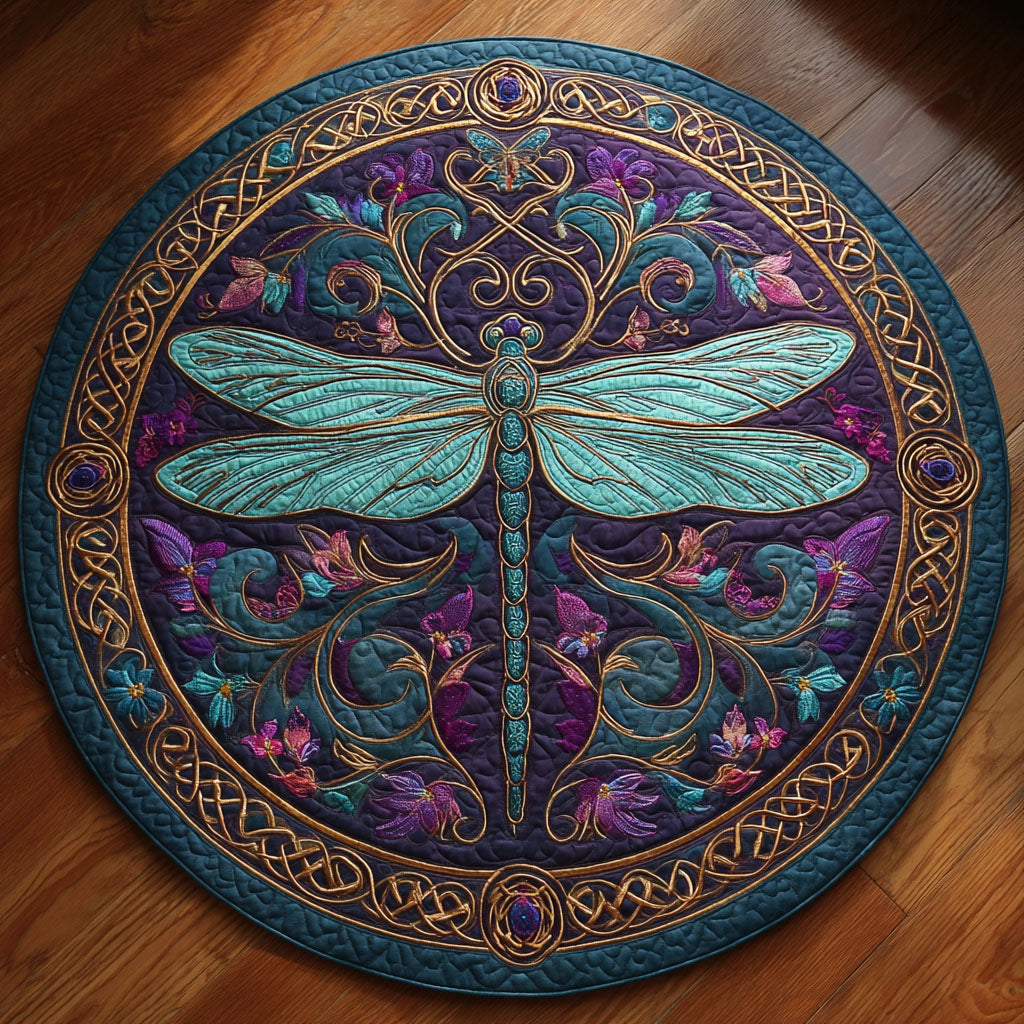 Amethyst Glow round quilted mat – dragonfly on purple