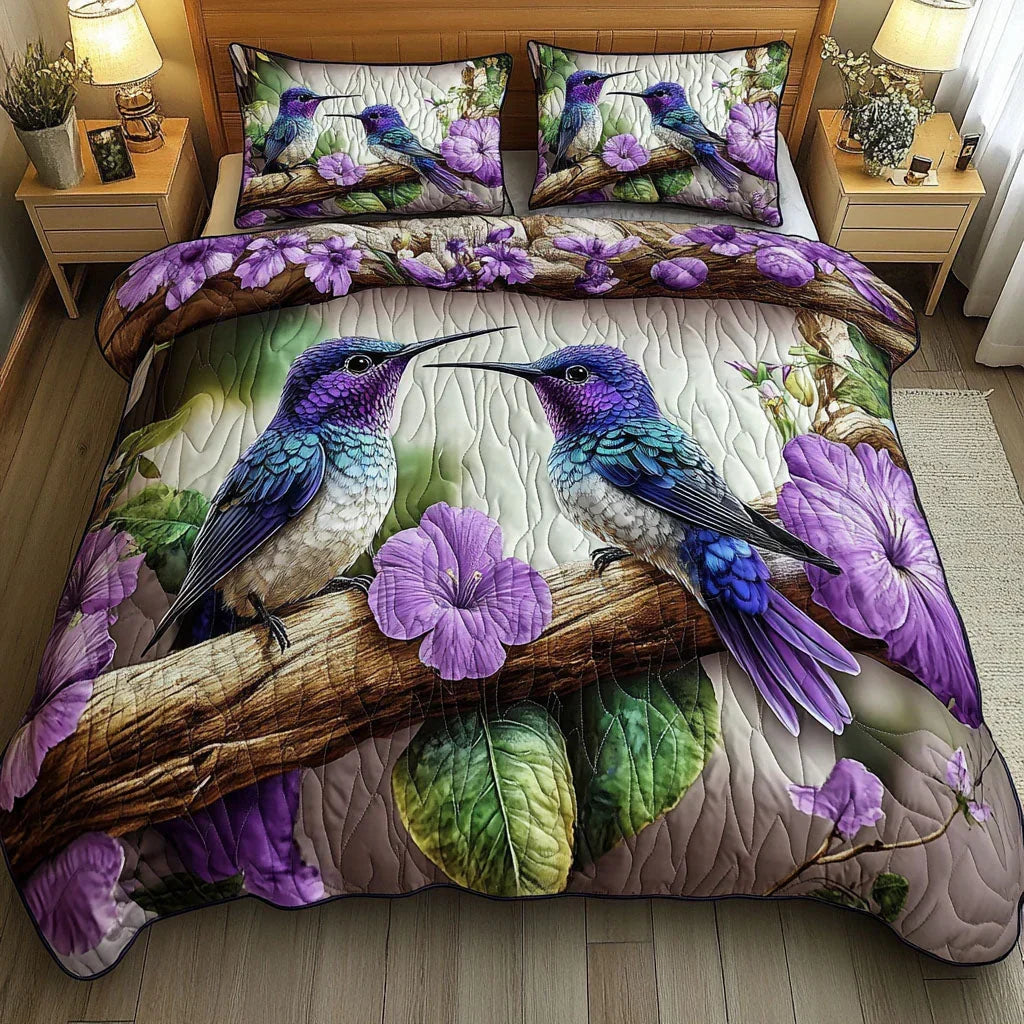 Quilted bedspread set with a pair of lovebirds among blossom on a rich amethyst ground in the Amethyst Lovebirds design
