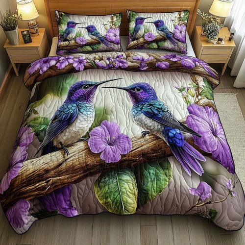 Quilted bedspread set with a pair of lovebirds among blossom on a rich amethyst ground in the Amethyst Lovebirds design