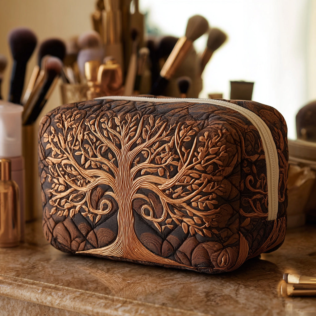 Ancestral Tree quilted make-up bag with tree of life with spreading roots and branches in bronze and gold on brown