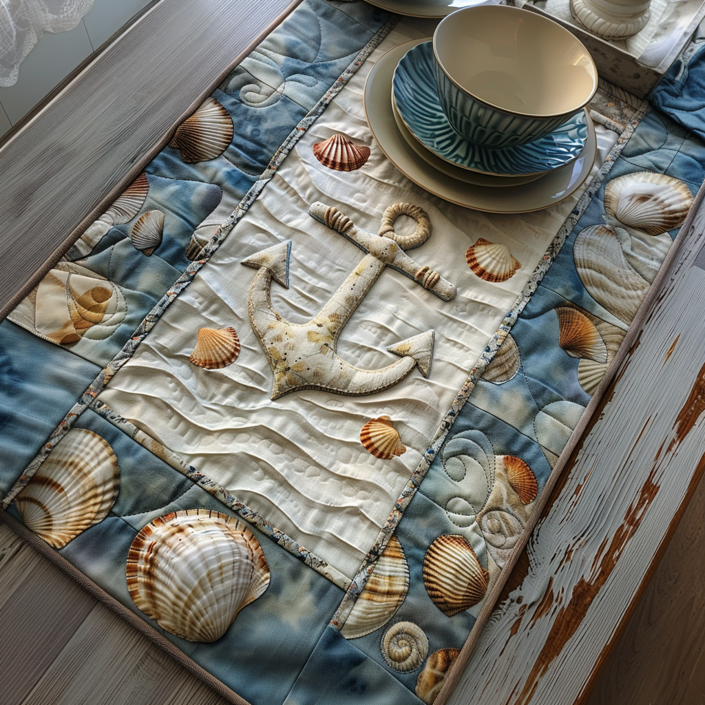Anchor and Shells quilted table runner – anchor and shells on soft waves