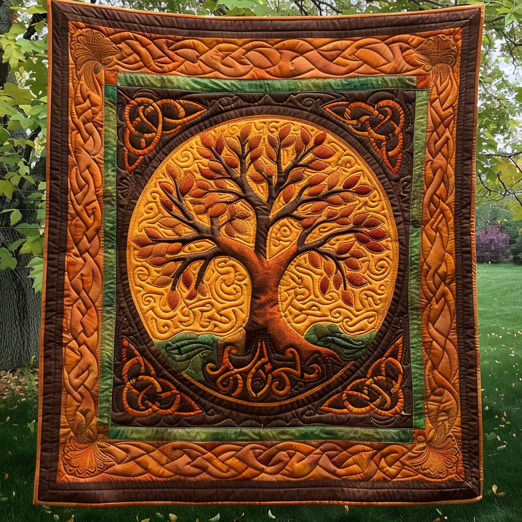 Copper Tree of Life quilted throw – copper tree of life with Celtic knotwork