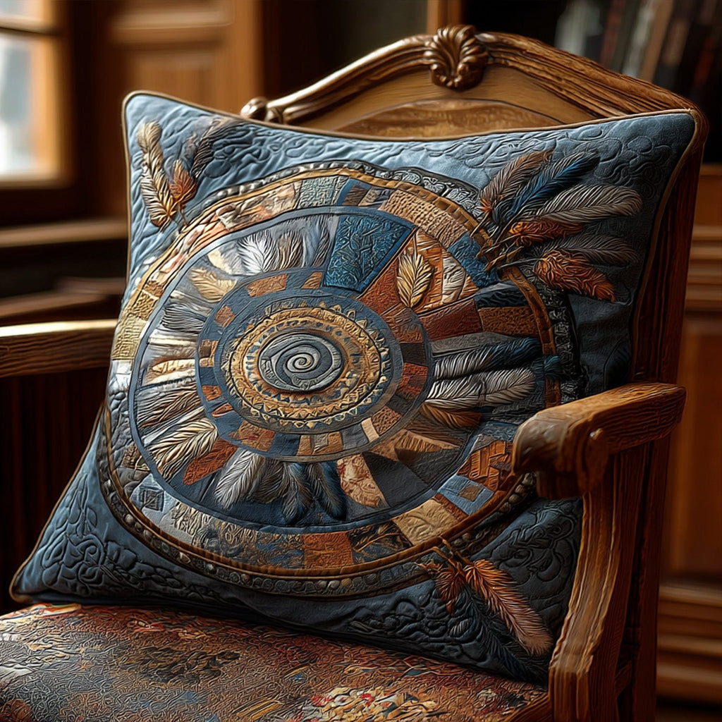 Denim Mandala quilted pillowcase – bronze and gold mandala on denim blue